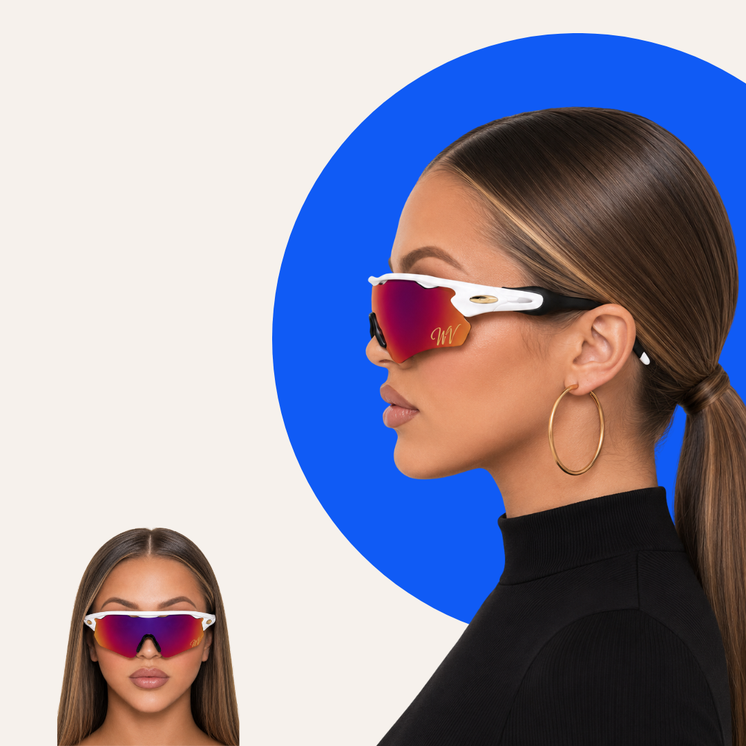 Model wearing Woah Vyzrz in profile against a cobalt backdrop