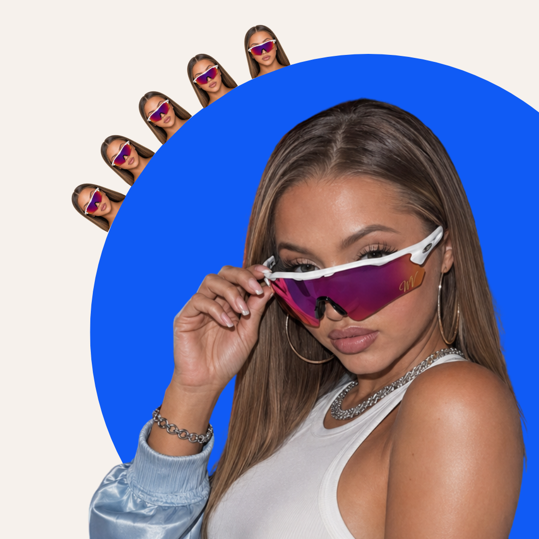 Model lowering the Woah Vyzrz shades to make eye contact
